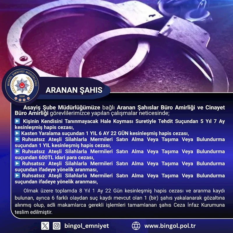 Bingöl’de kesinleşmiş hapis cezası bulunan şüpheli yakalandı
