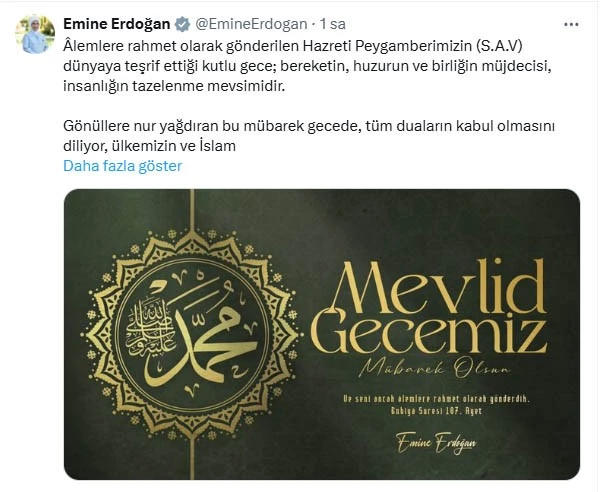 Emine Erdoğan’dan Mevlit Kandili mesajı:
