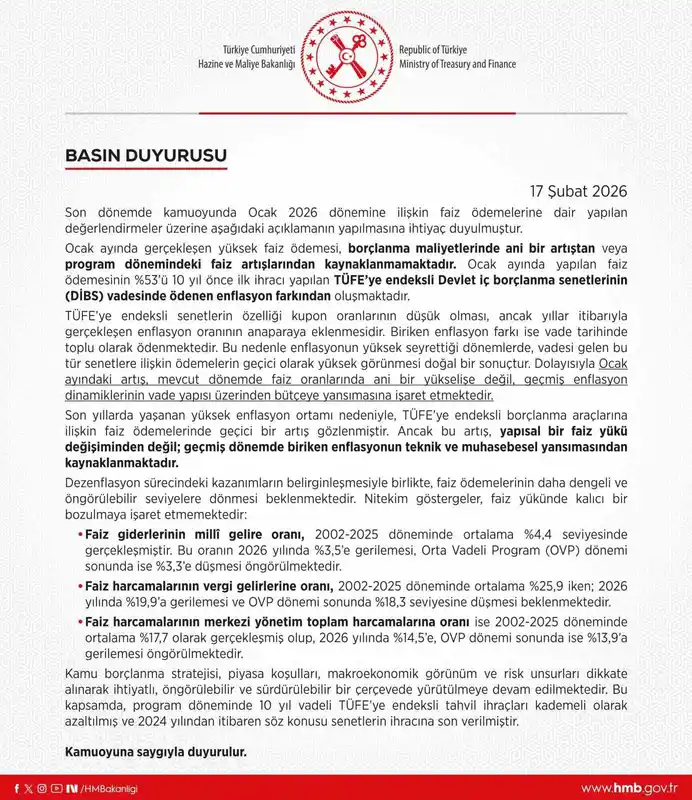 Hazine, Ocak'taki Yüksek Faiz Ödemesini Açıkladı