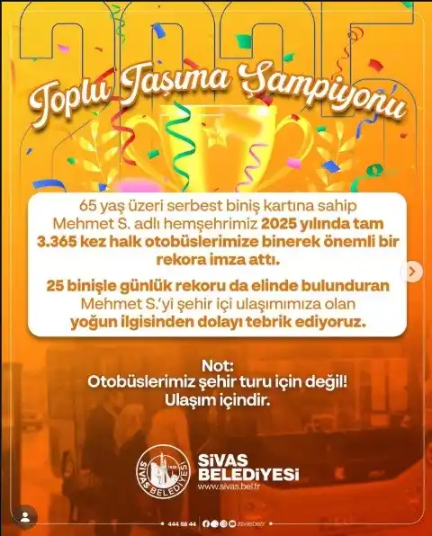 Sivas'ta 65 yaş üstü vatandaş yılda 3 bin 365 kez otobüs bindi
