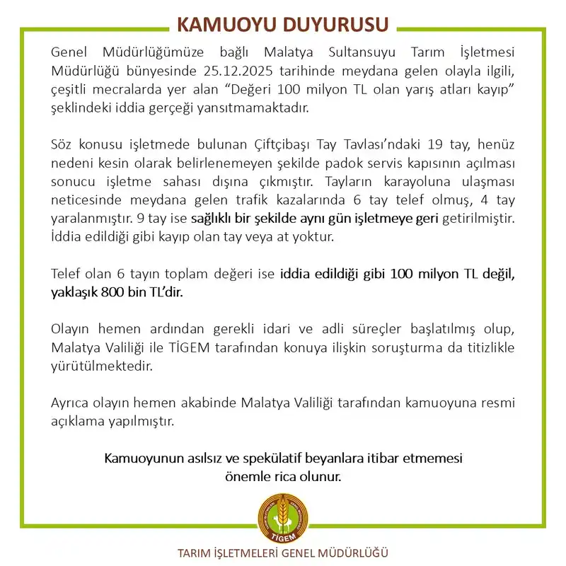 TİGEM: '100 milyon liralık yarış atları kayıp' iddiası asılsız