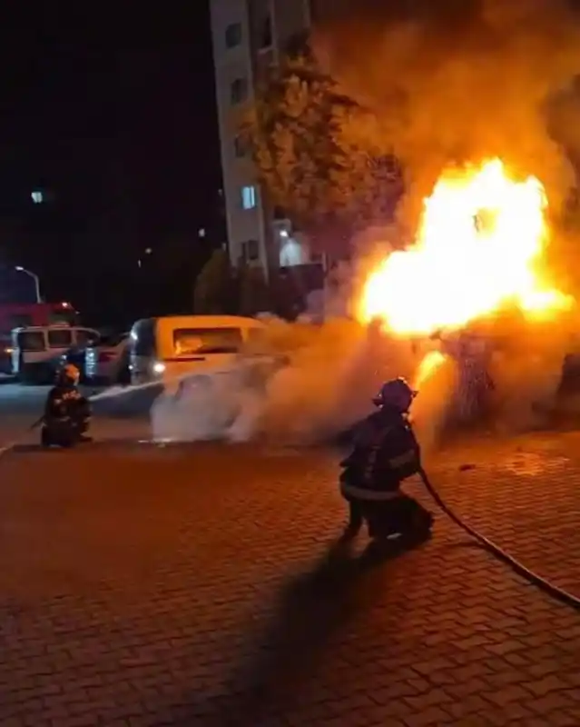 Denizli'de park halindeki araç alev alev yandı